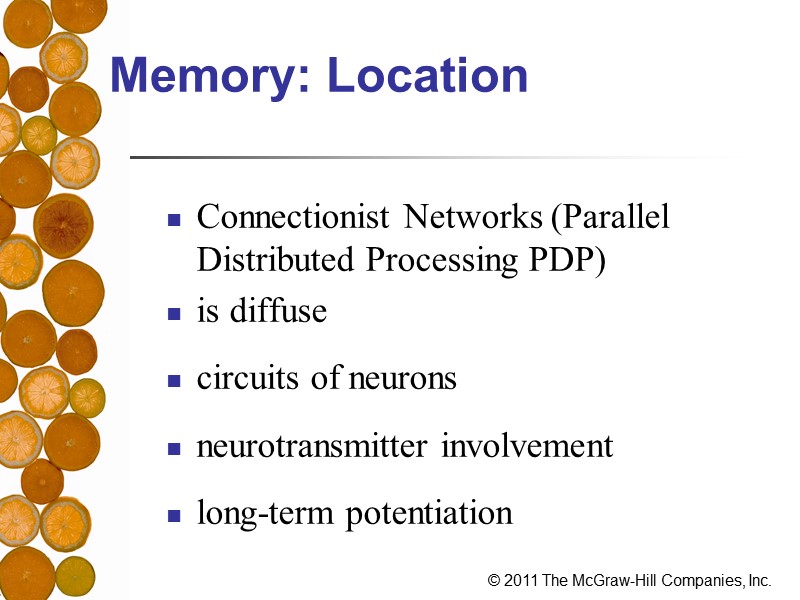 Memory: Location Connectionist Networks (Parallel Distributed Processing PDP) is diffuse  circuits of neurons